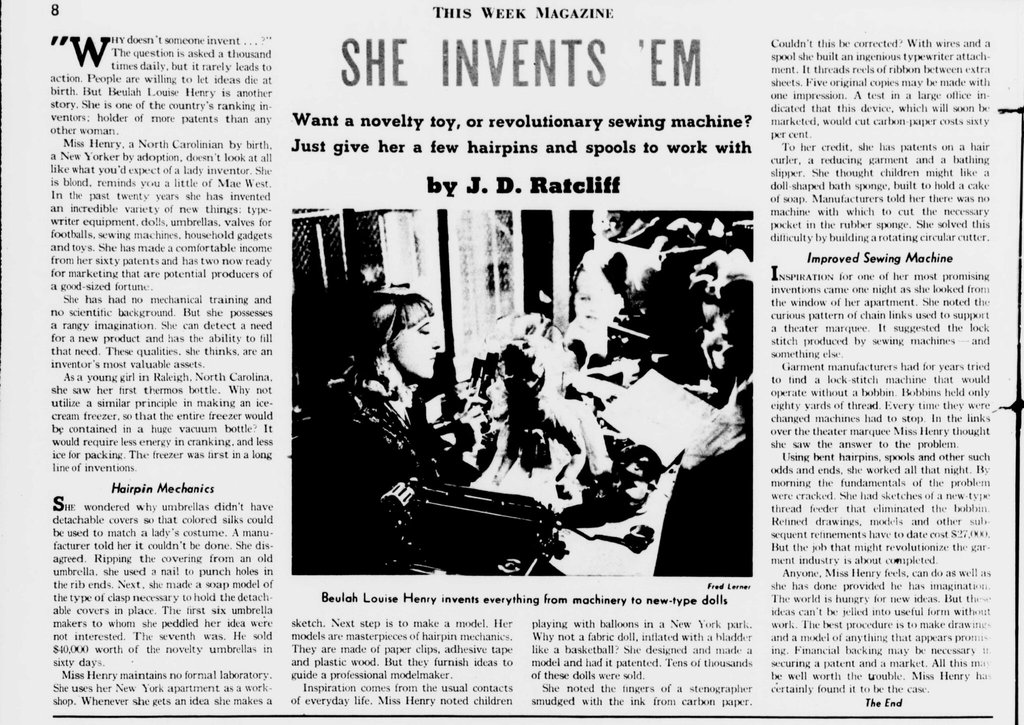 A black-and-white 1940 magazine spread from This Week Magazine titled “She Invents ’Em” by J. D. Ratcliff, featuring an article about inventor Beulah Louise Henry, with a central photograph showing her working with tools and materials related to her inventions.
